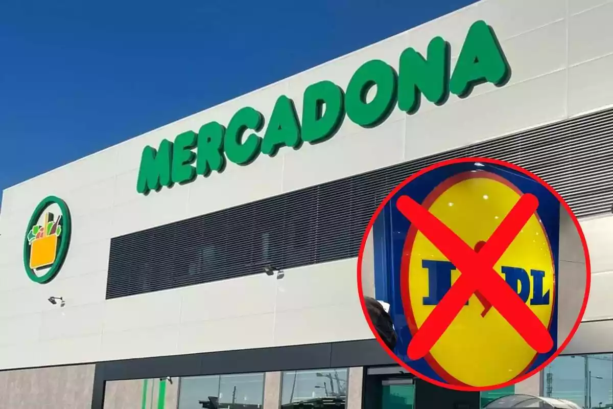 Fotomontaje con una foto de fondo del exterior de un supermercado Mercadona y al frente una redonda roja con el logo de Lidl tachado