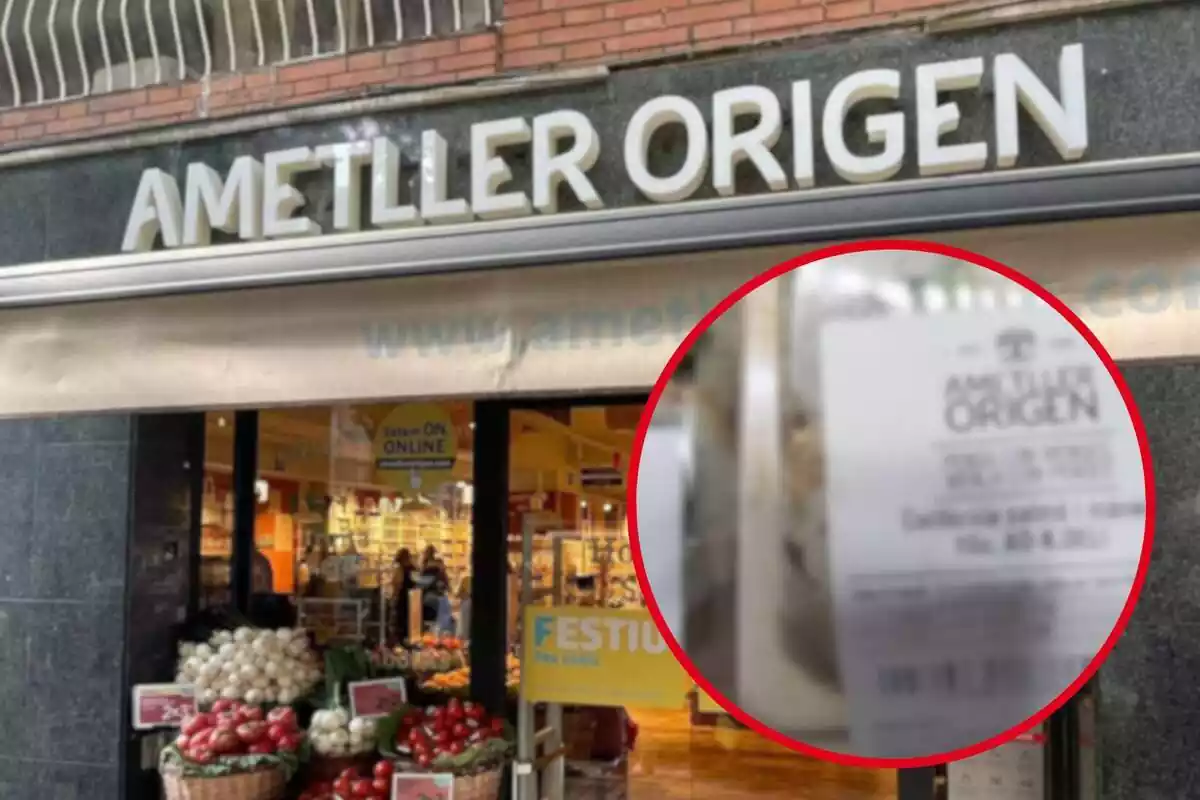 Fotomontaje con una imagen del exterior de una tienda Ametller Origen de fondo y una redonda roja con la etiqueta del sushi del supermercado difuminado