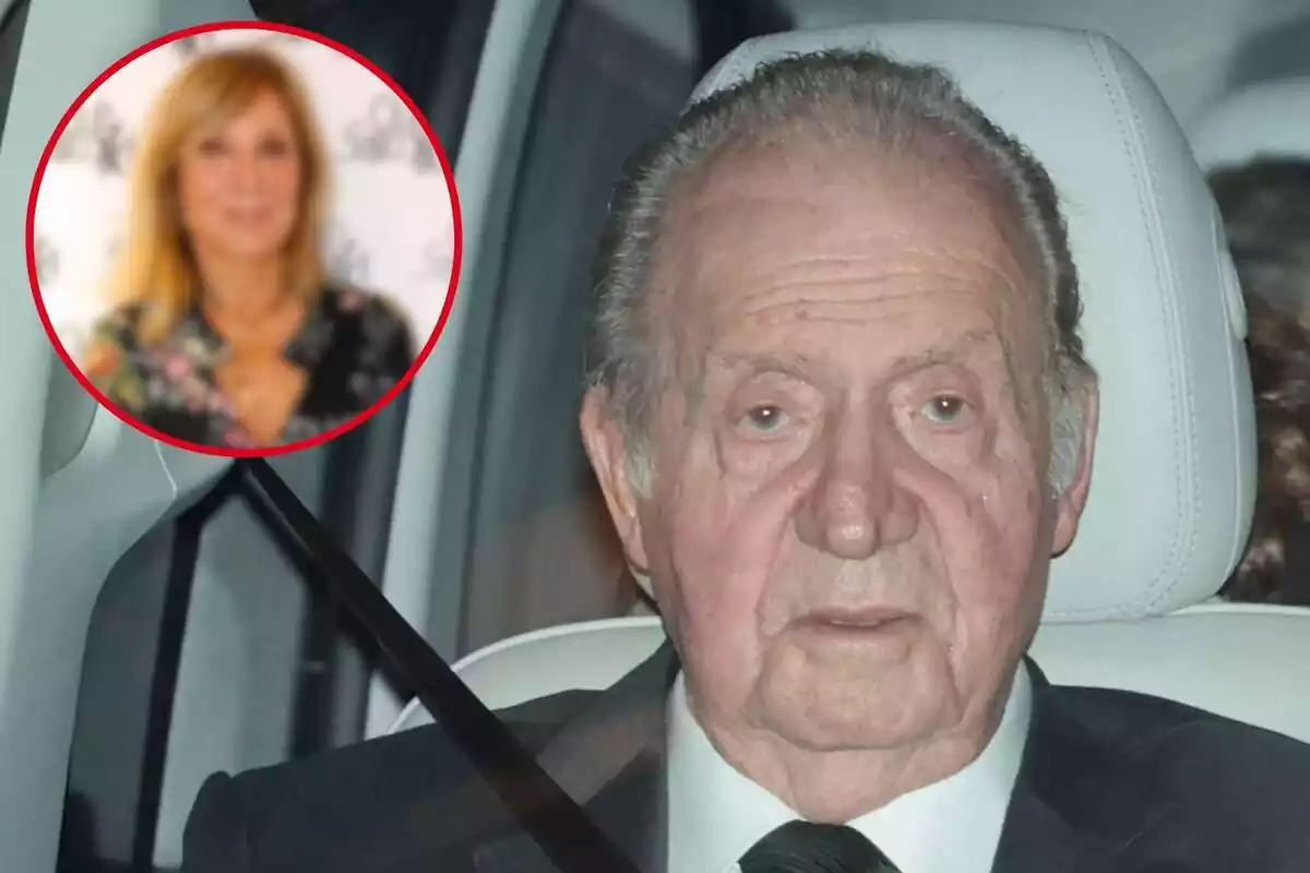 Fotomontaje con una foto del rey emérito Juan Carlos en el interior de un coche y una redonda roja con la imagen difuminada de Pilar Eyre