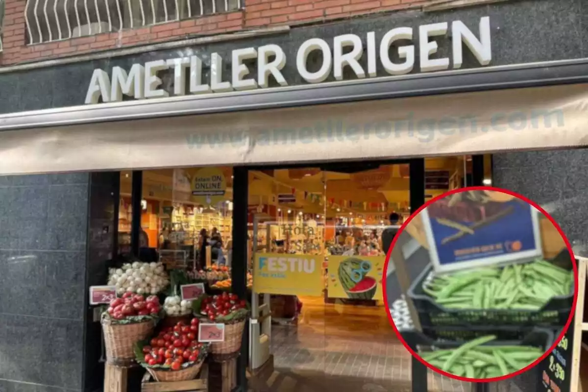 Fotomontaje con una imagen de fondo del exterior de una tienda de Ametller Origen y al frente una redonda roja con el estante de las judías