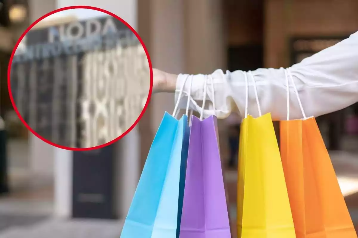 Fotomontaje con una imagen de fondo de una persona con cuatro bolsas de compra y de frente una redonda con la imagen del exterior del centro comercial Moda Shopping