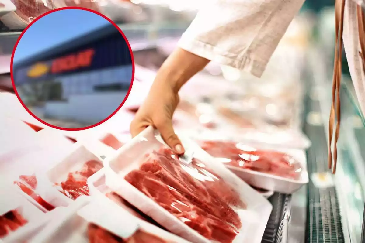 Fotomontaje con una imagen de fondo de una persona escogiendo una carne en el supermercado y al frente una redonda roja con la imagen difuminada de Esclat