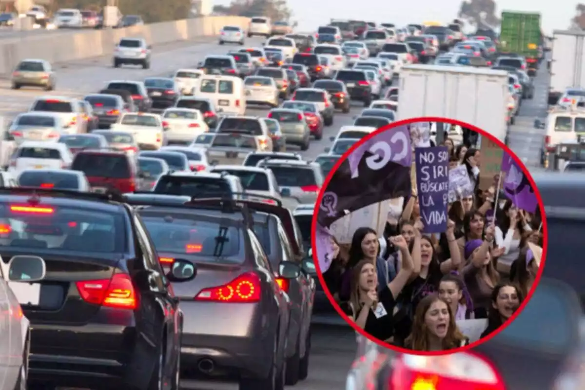 Fotomontaje con una foto de tránsito y una foto enmarcada de una manifestación de mujeres