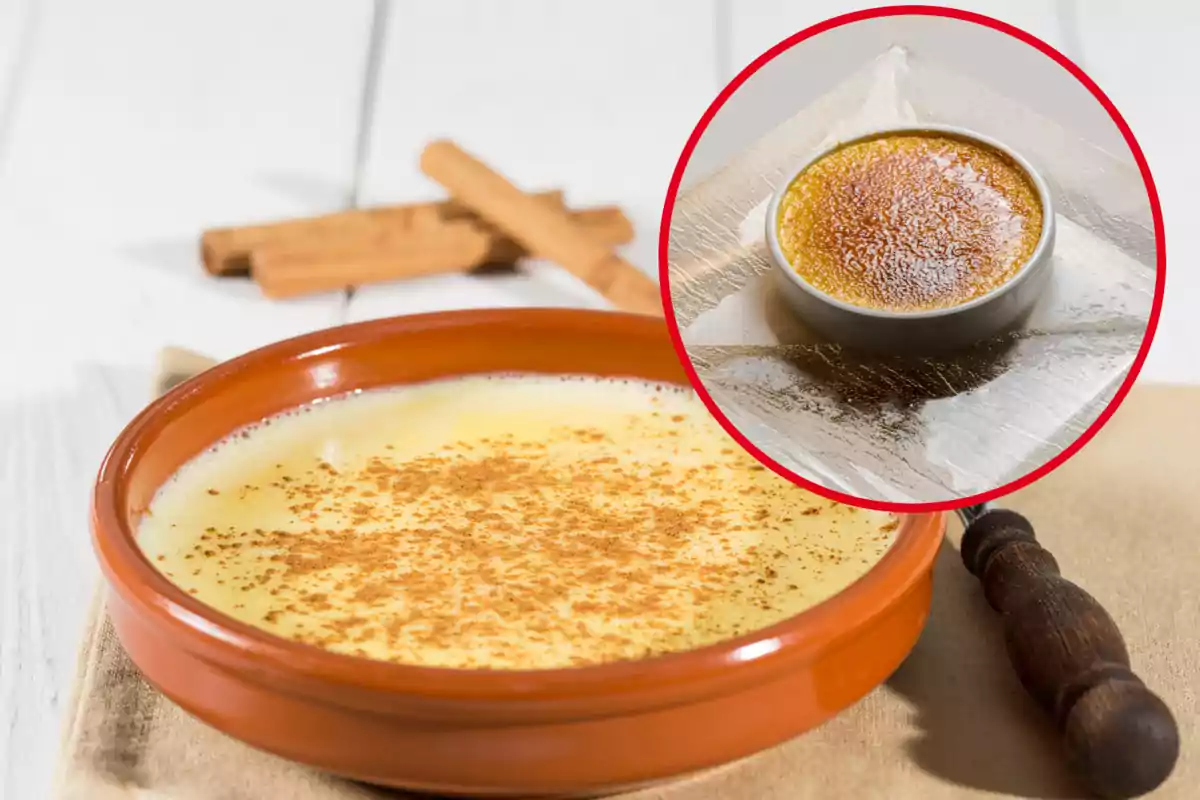 Un plato de crema catalana en un recipiente de barro con un círculo que muestra un postre similar con una capa de caramelo quemado. Un plato de crema catalana en un recipiente de barro con un círculo que muestra un postre similar con una capa de caramelo quemado.