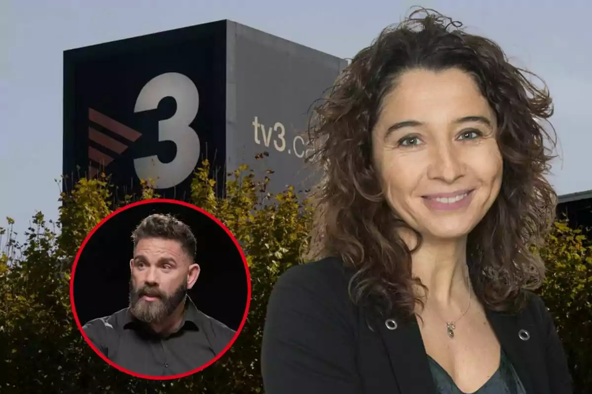 Una mujer sonriente frente a un edificio con el logo de TV3 y un hombre en un círculo rojo en la esquina inferior izquierda.