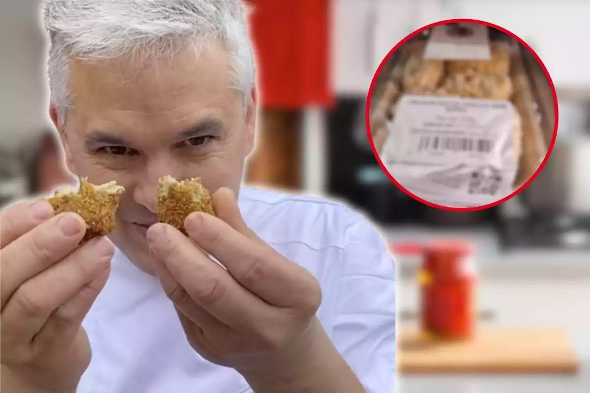 Montaje fotográfico entre una imagen de Nandu Jubany con una croqueta sobre el fondo de una cocina