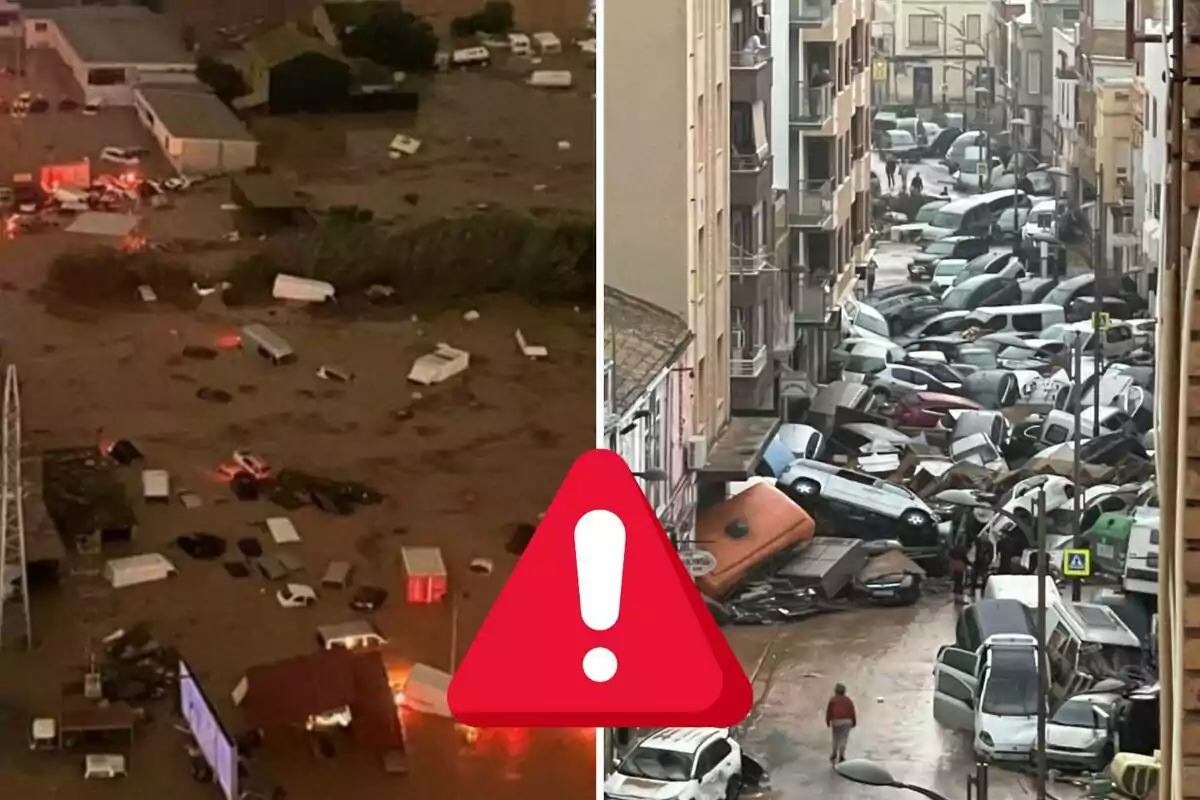 Imagen dividida en dos partes que muestra una inundación con vehículos flotando y una calle llena de coches apilados tras una tormenta, con un icono de advertencia en el centro.