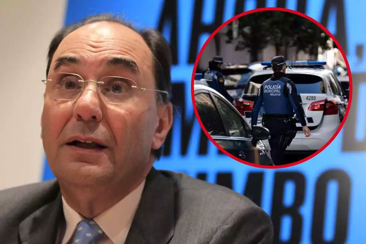 Fotomontaje de Alejo Vidal-Quadras al frente y una redonda con dos agentes de la Policía Municipal de Madrid tras su intento de asesinato