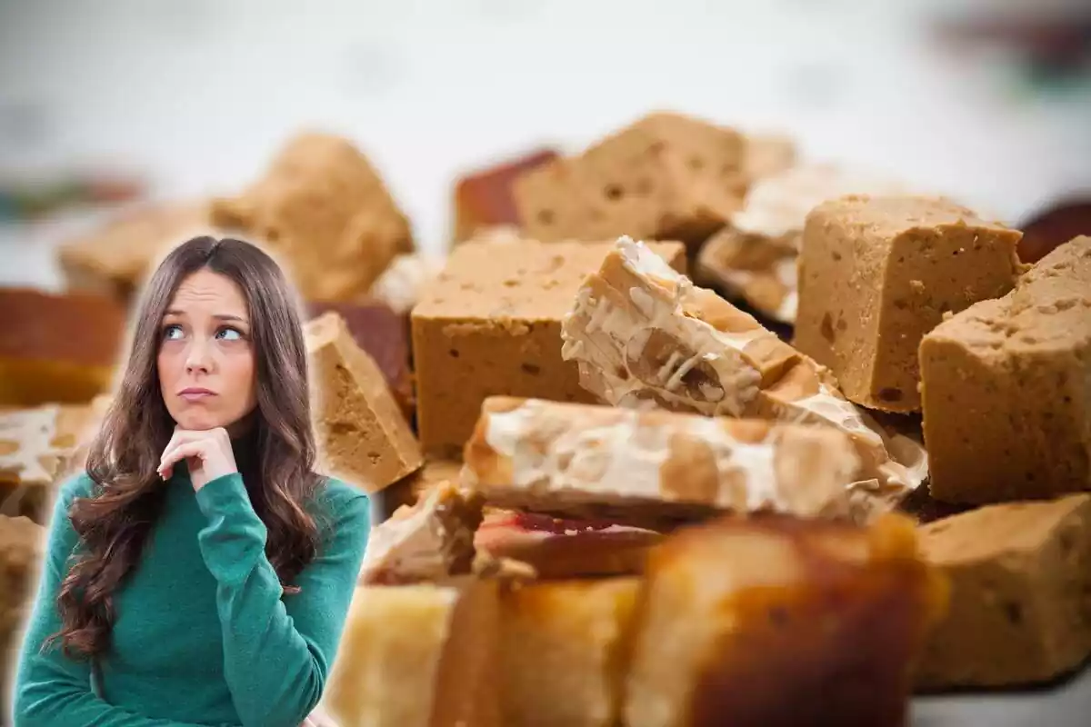 Fotomontaje de varios trozos de turrón de fondo y una persona preocupada al frente