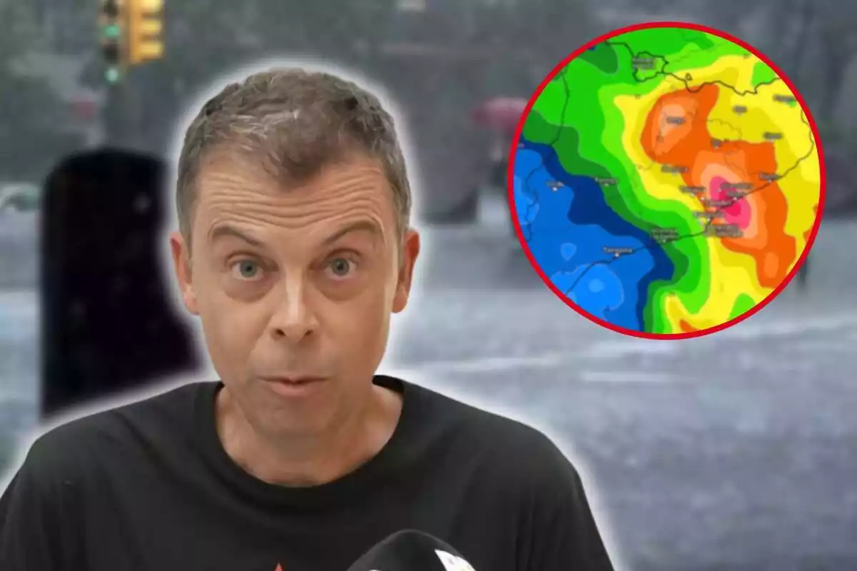 Fotomontaje del rostro serio de Francesc Mauri al frente y una redonda roja con el mapa europeo de Cataluña de lluvia para este miércoles, 10 de enero, y de fondo una imagen de lluvia abundante