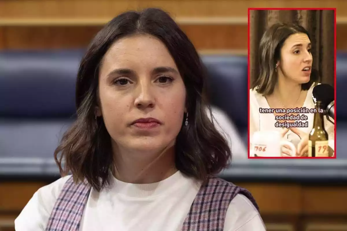 Fotomontaje de Irene Montero con el rostro serio y un fragmento de su entrevista en el podcast 'El sentido de la birra'