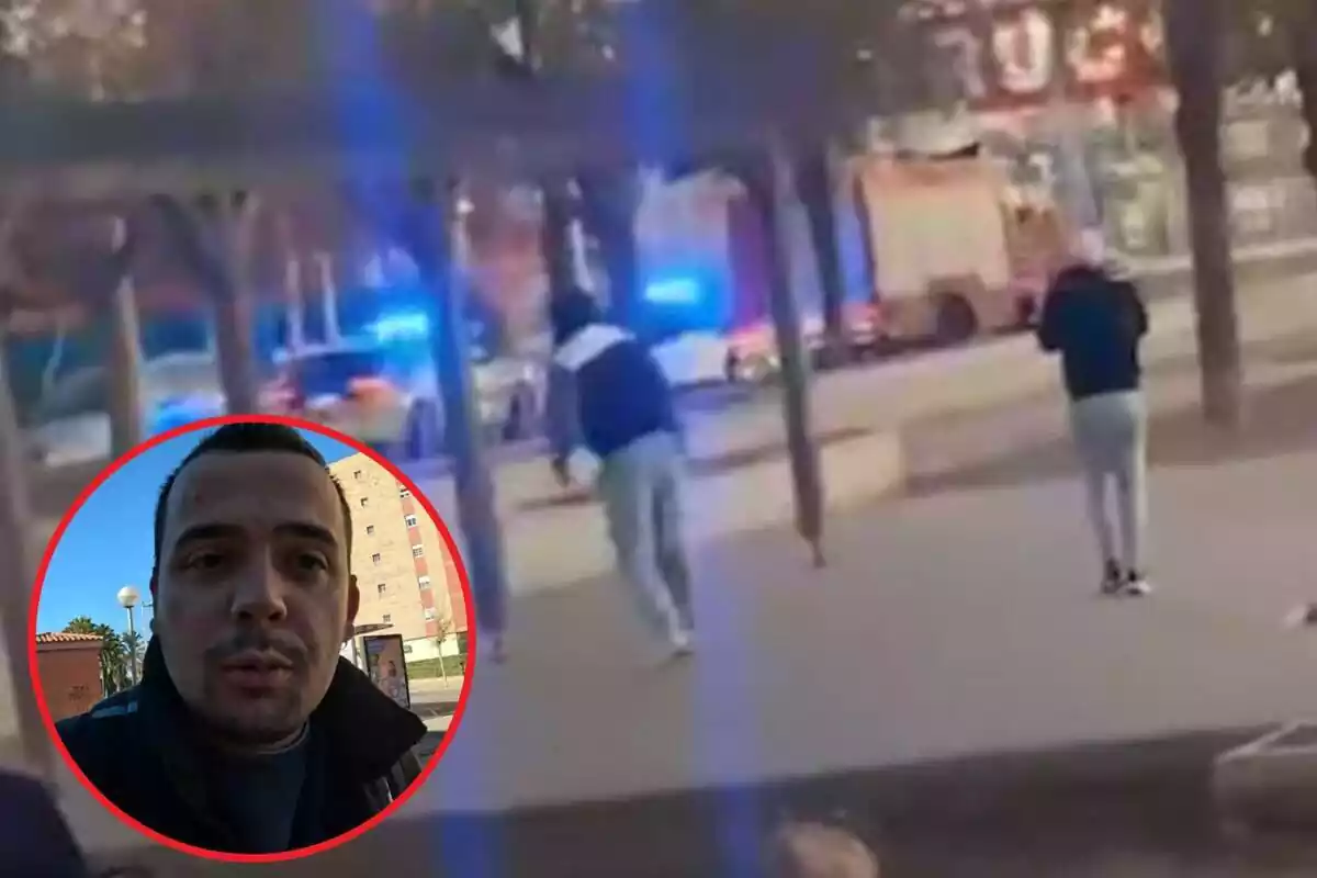 Fotomontaje de la batalla campal con la policía en Campo Claro y una redonda con la cara del youtuber Bcn a pie de calle