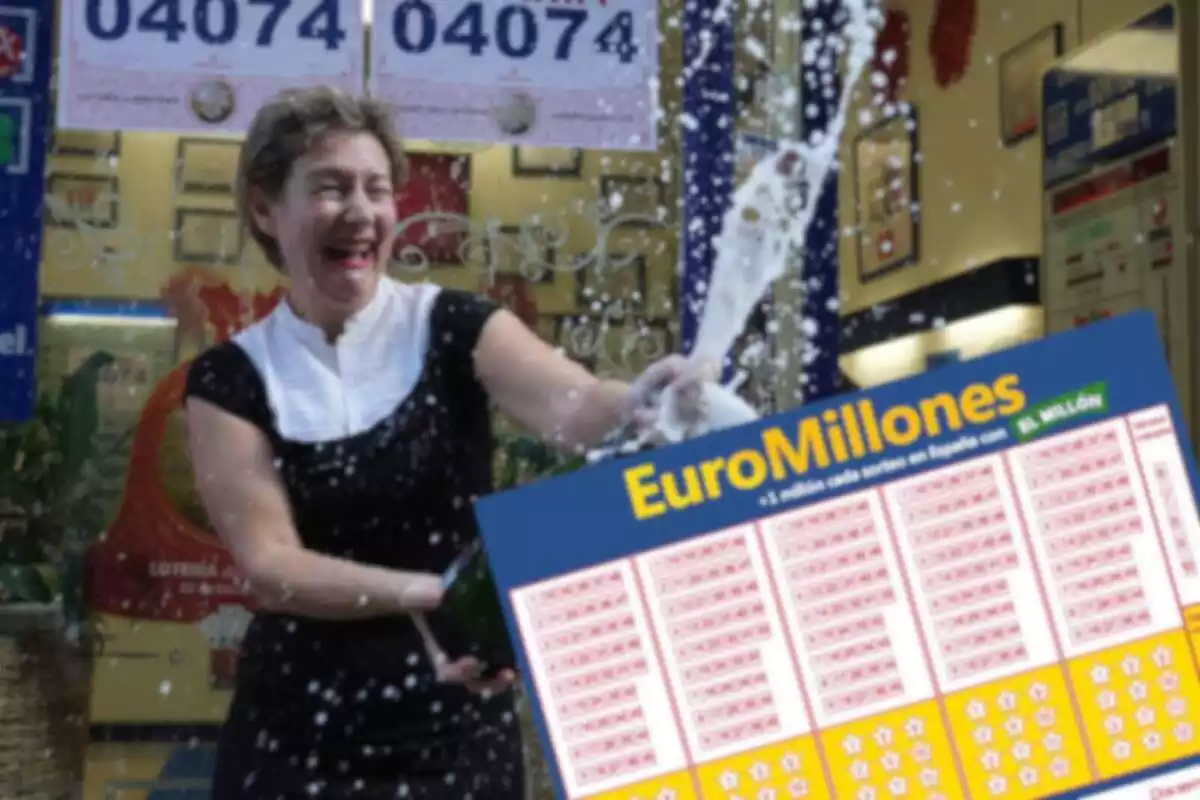 Fotomontaje de una imagen de una mujer celebrando un premio de la lotería y un boleto del Euromillones