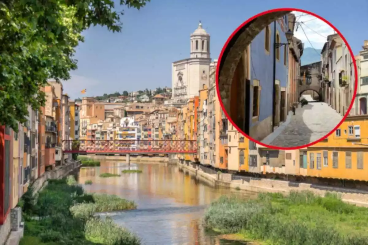 Fotomontaje con una imagen de fondo de la ciudad de Girona y al frente una redonda roja con el pueblo de Anglès