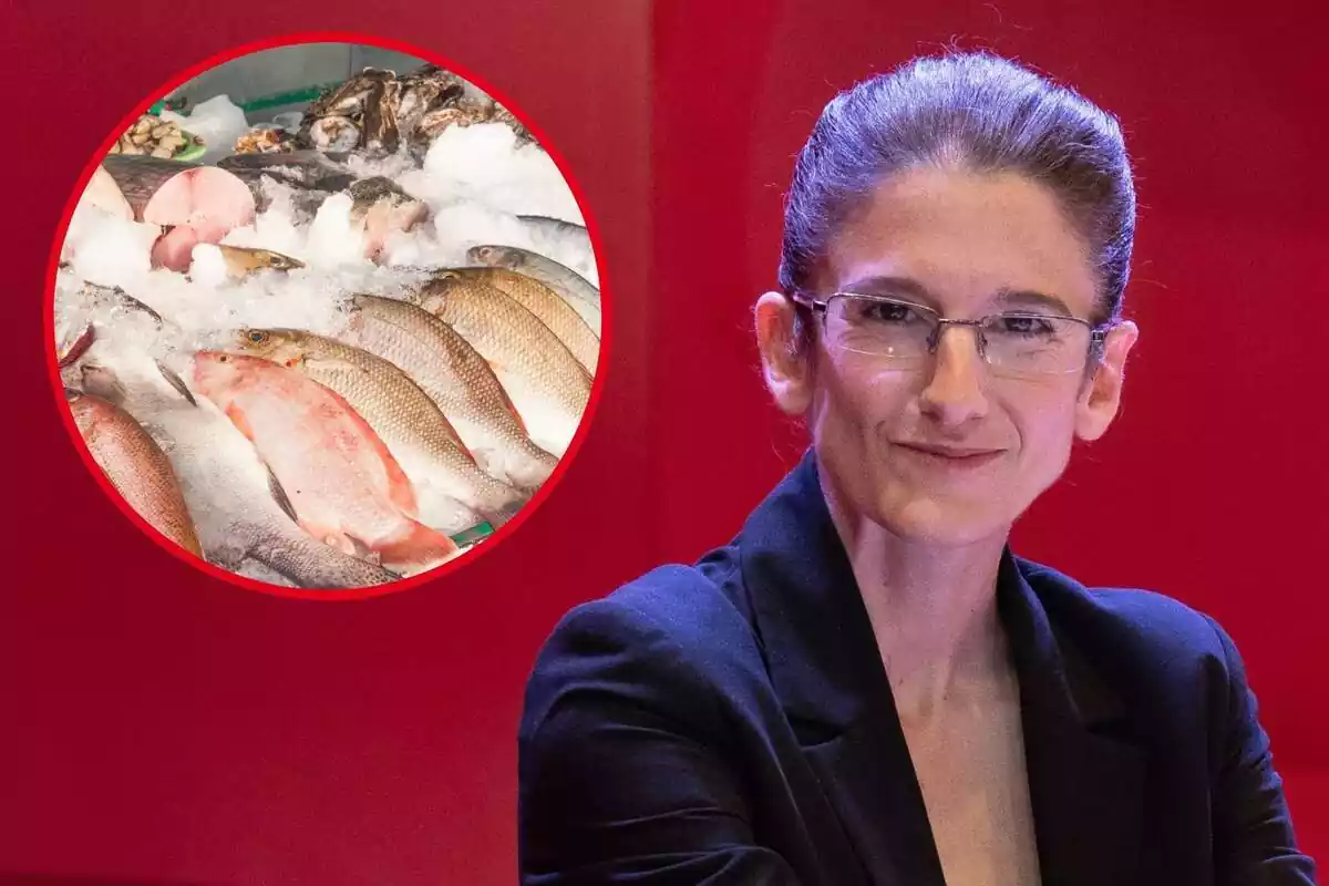 Fotomontaje con una imagen de fondo de la cocinera Maria Nicolau y una redonda roja con diferentes tipos de pescado en la pescadería