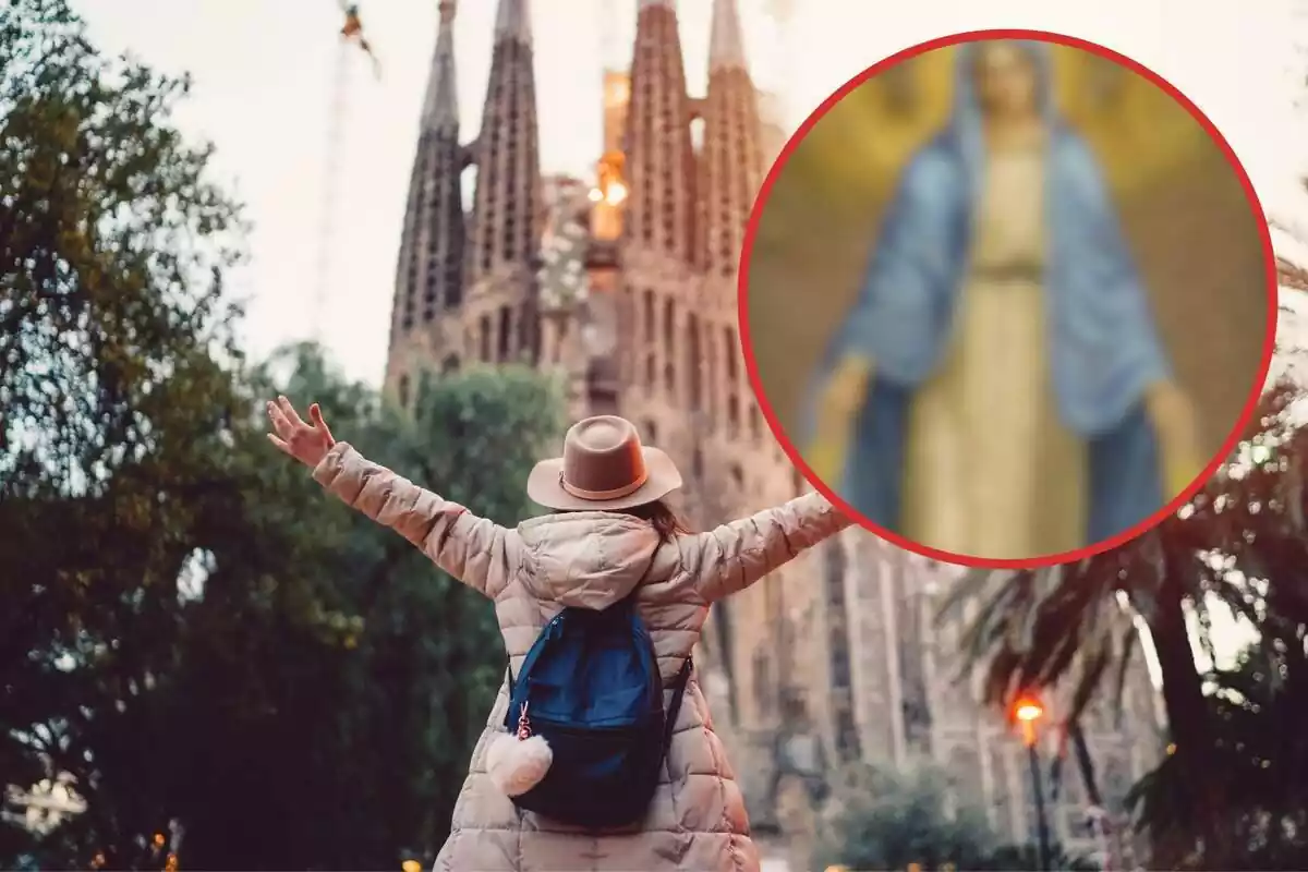 Fotomontaje de una persona admirando la Sagrada Familia en Barcelona y una redonda roja con un mosaico de la Virgen