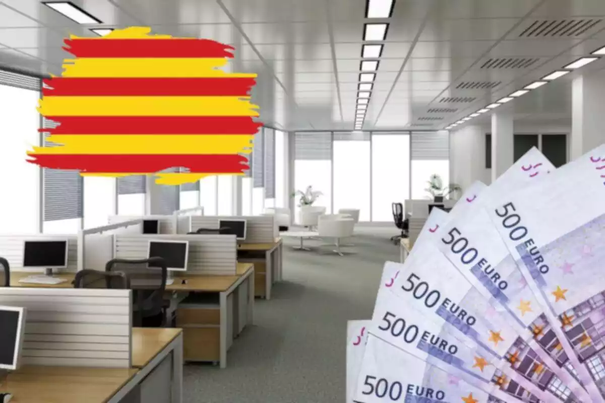 Fotomontaje con una imagen de fondo de una empresa y al frente una bandera catalana y un abanico de billetes de 500 euros