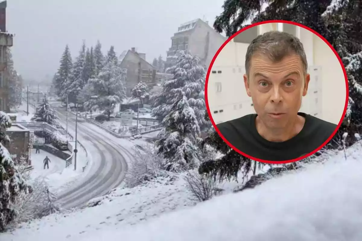 Fotomontaje con un fondo de las primeras nevadas en el Prineo catalán y una redonda con la cara de Francesc Mauri sorprendido