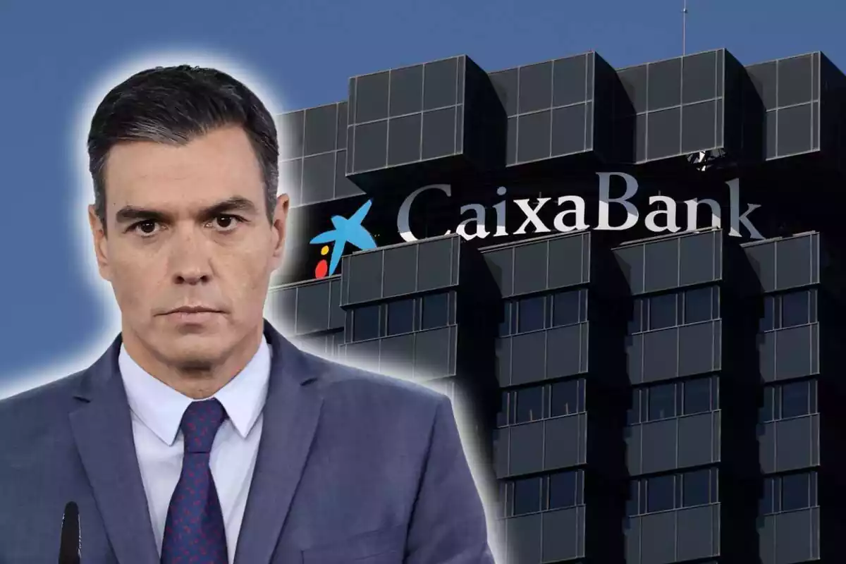 Fotomontaje de Pedro Sánchez serio con un fondo de Caixabank