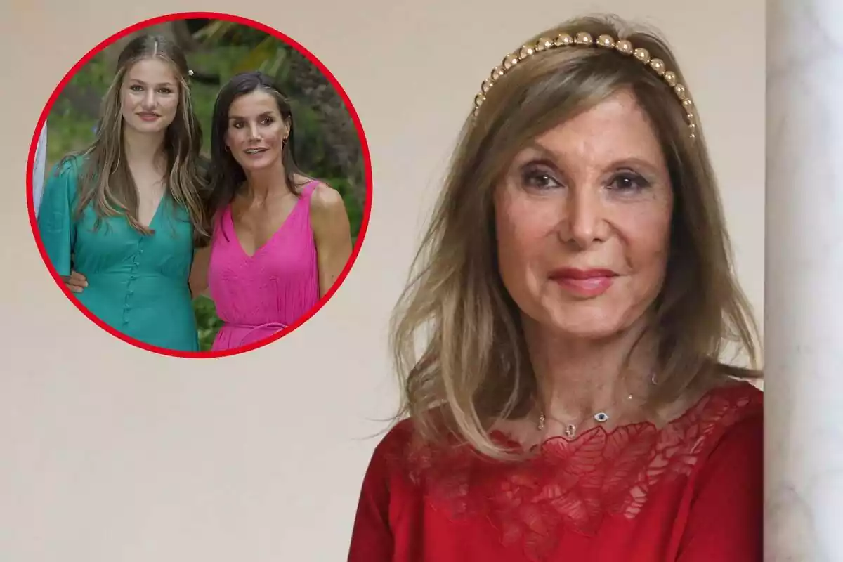 Fotomontaje con una imagen de fondo de Pilar Eyre sonriendo y mirando a cámara, y al frente una redonda roja con la reina Letizia y la princesa Leonor sonriendo abrazadas