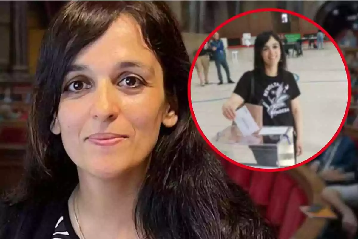 Fotomontaje de Sílvia Orriols y una redonda roja con ella votando con una camiseta de Revolta pagesa