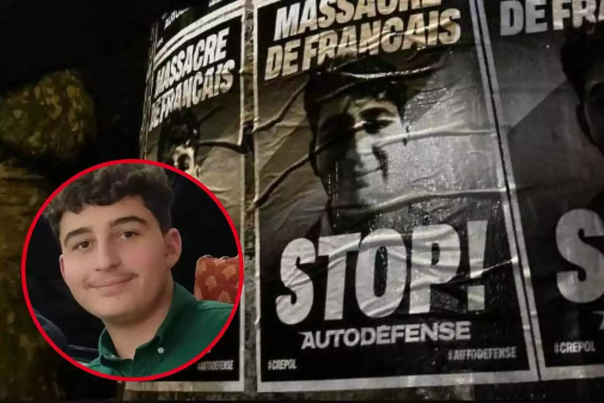 Fotomontaje de Thomas, el joven de 16 años que ha muerto asesinado, al frente en una redonda roja, y de fondo un cartel pidiendo autodefensa tras su muerte