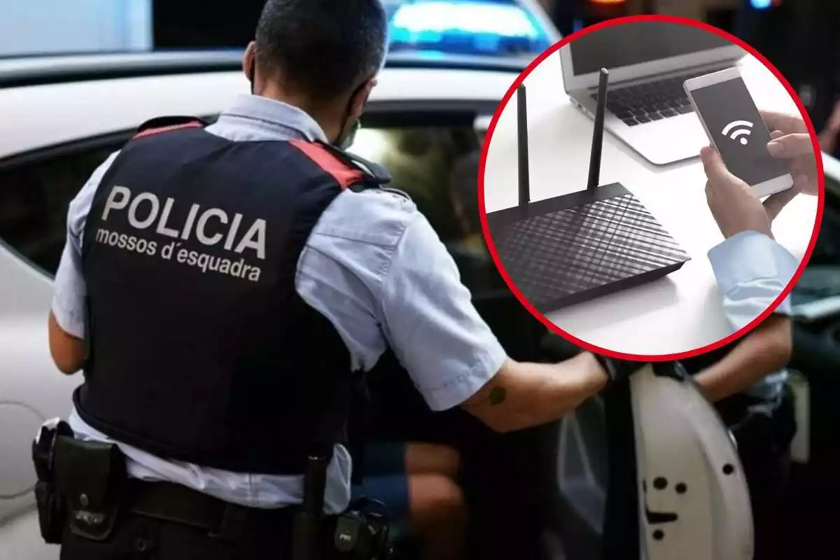 Fotomontaje de un agente de los Mossos d'Esquadra entrando en un coche y una redonda con la mano de una persona usando el móvil y un router