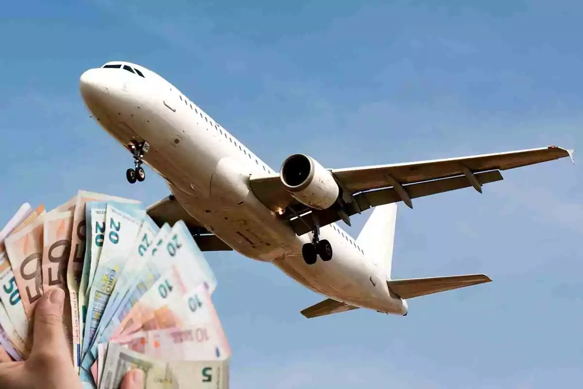 Fotomontaje de un avión volando y al frente un abanico de euros