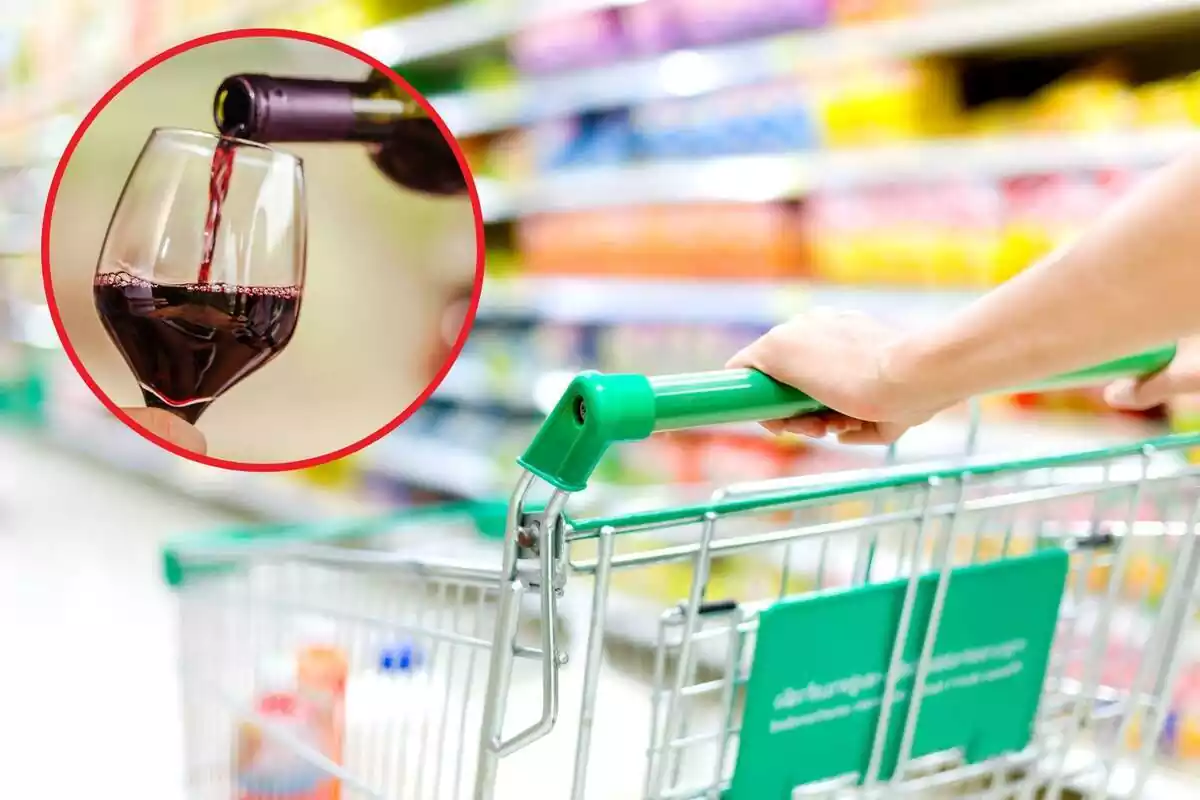 Fotomontaje de un carrito de supermercado de fondo, y al frente una copa de vino tinto en una redonda roja