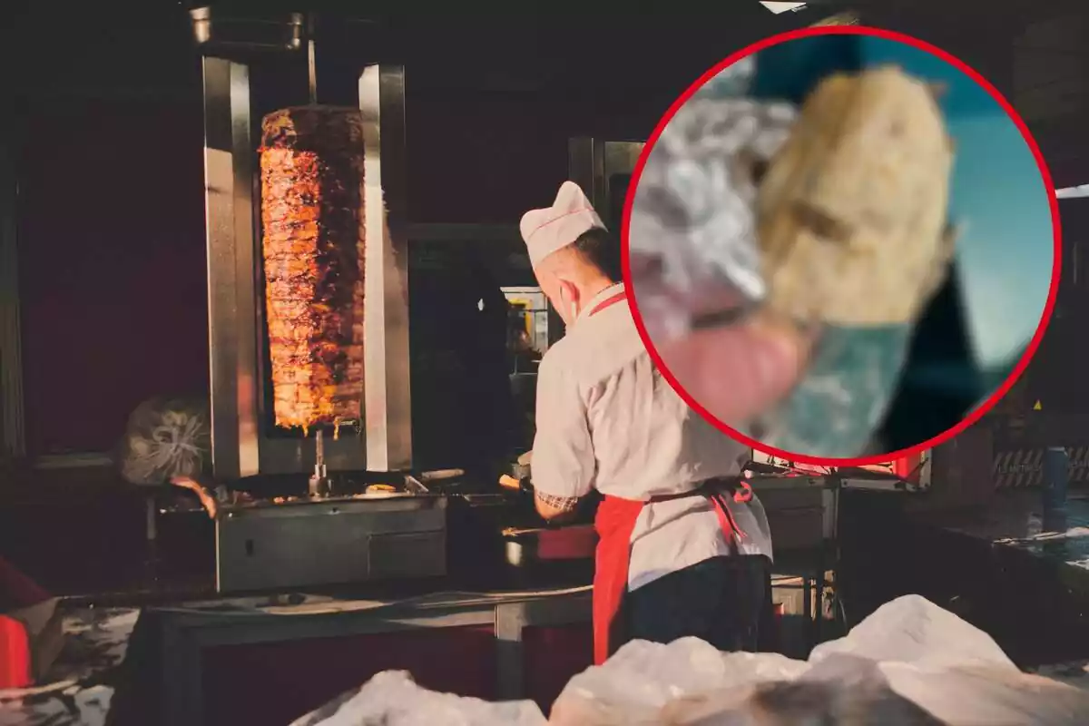 Fotomontaje de una imagen de un cocinero en un local de kebab de fondo y al frente la foto del insecto que se ha encontrado dentro de un kebab