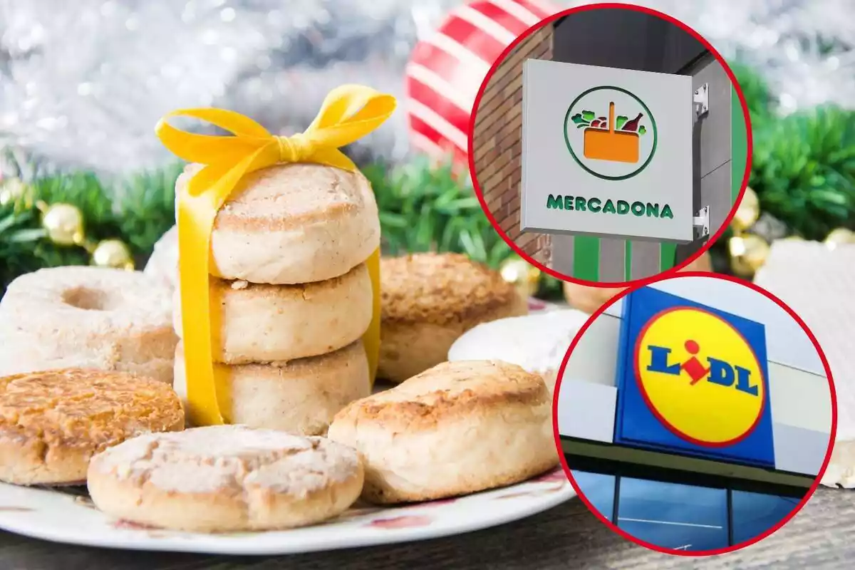 Fotomontaje con un plato de polvorones de fondo y al frente dos redondas rojas con los logos de Mercadona y Lidl