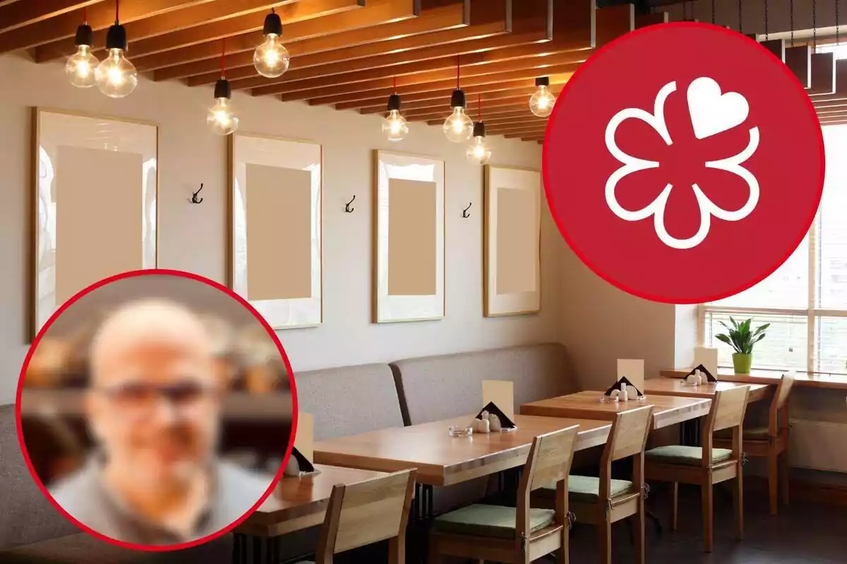 Fotomontaje de las mesas de un restaurante de fondo y al frente dos redondas rojas con el logo de la Guía Michelin y el chef Jordi Vilà