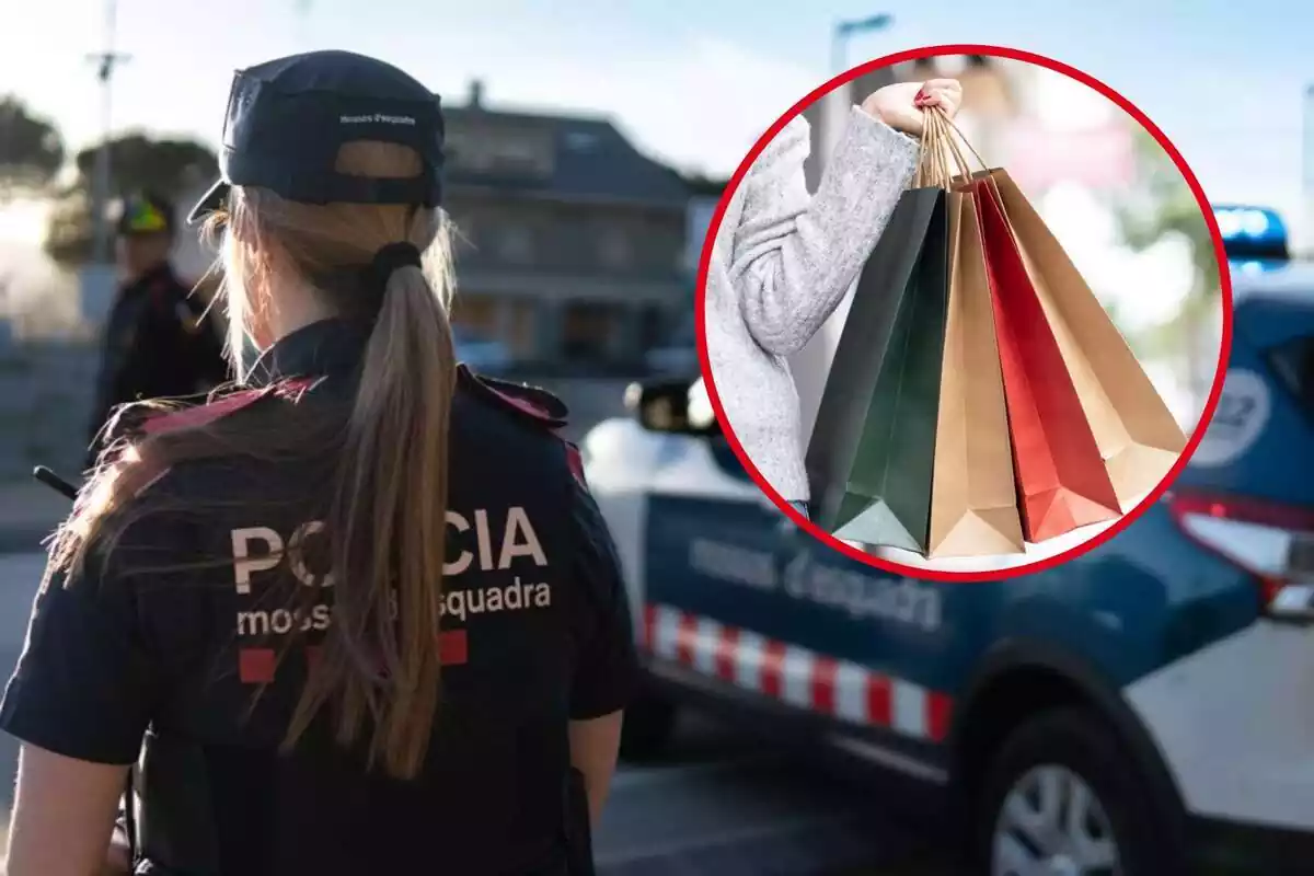 Fotomontaje de una imagen de una agente de los Mossos d'Esquadra de espaldas con un coche patrulla al lado de fondo y al frente una redonda roja con una persona sujetando varias bolsas de compra