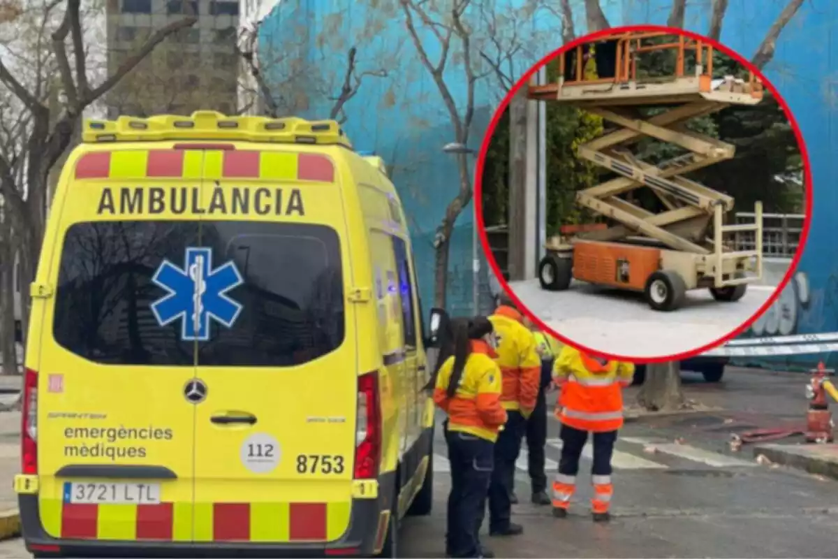 Fotomontaje con una imagen de fondo de una ambulància del SEM y una redonda roja al frente con un vehículo elevador