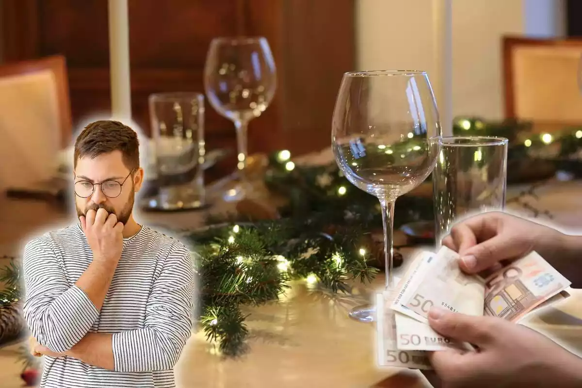 Fotomontaje de una cena de Navidad de fondo y al frente un hombre preocupado y una persona sujetando billetes de 50 euros