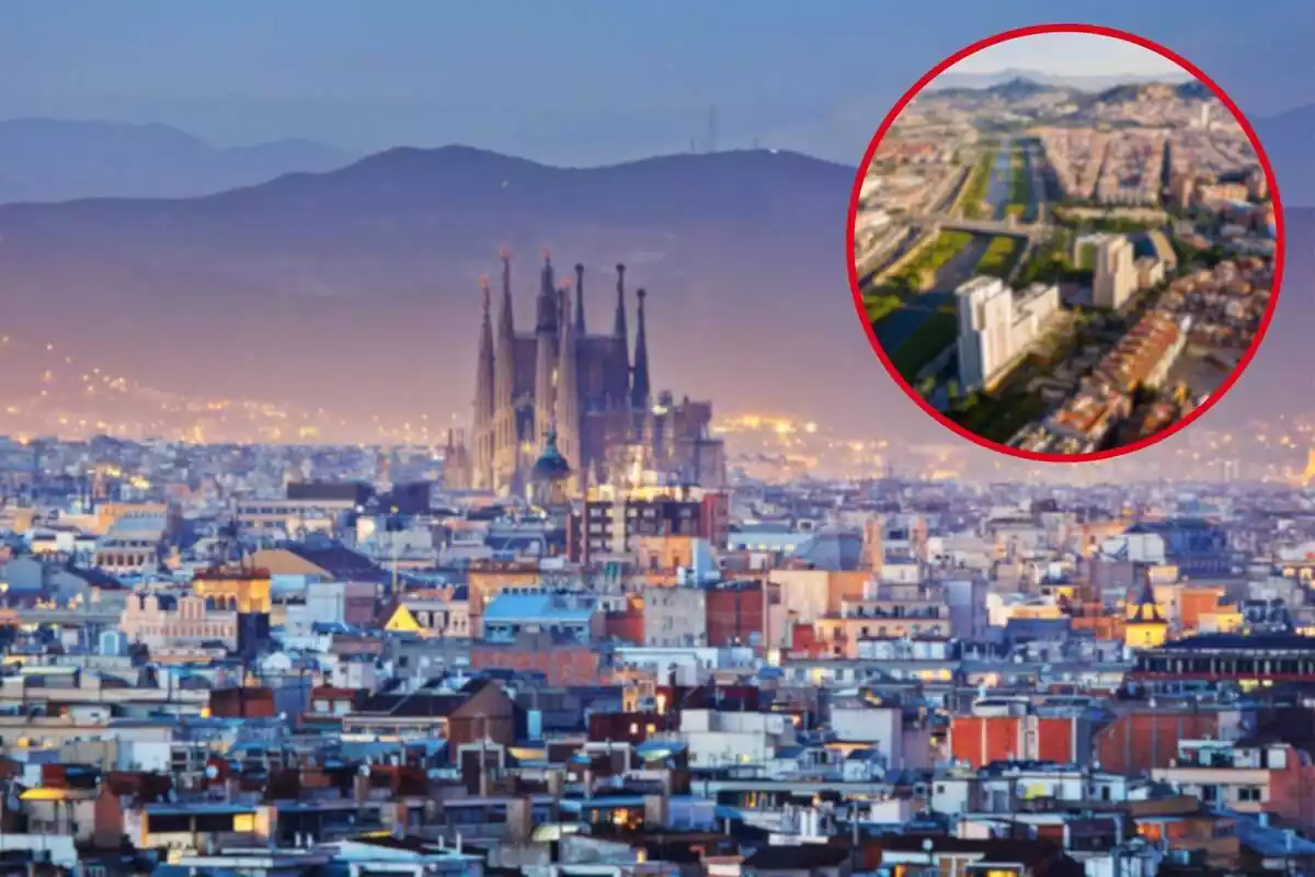Fotomontaje con una imagen de fondo de la ciudad de Barcelona y una redonda roja al frente con Santa Coloma de Gramenet