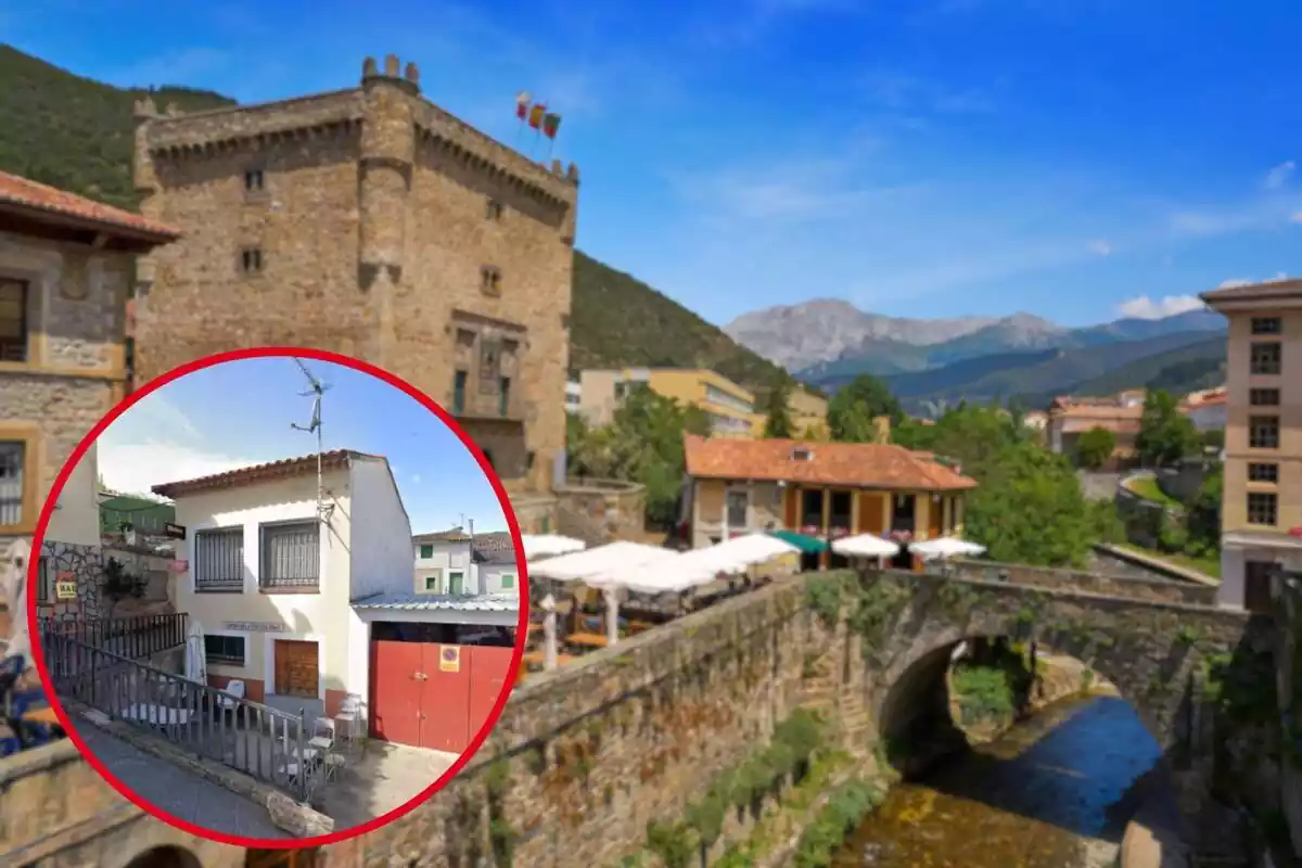 Fotomontaje con una imagen de fondo de un pueblo de Cantabria y una redonda roja con el bar de Irueste