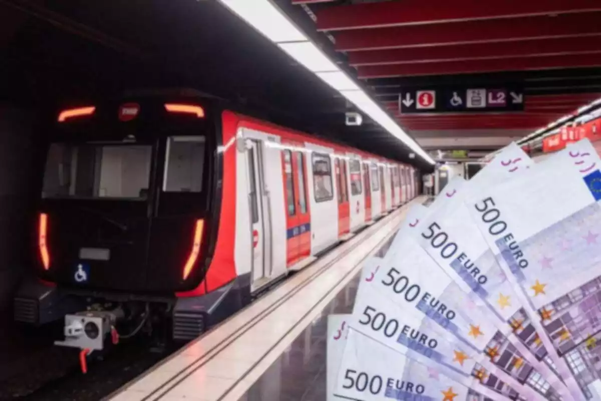 Fotomontaje con una imagen de fondo del metro de la TMB y al frente un abanico de billetes de 500 euros