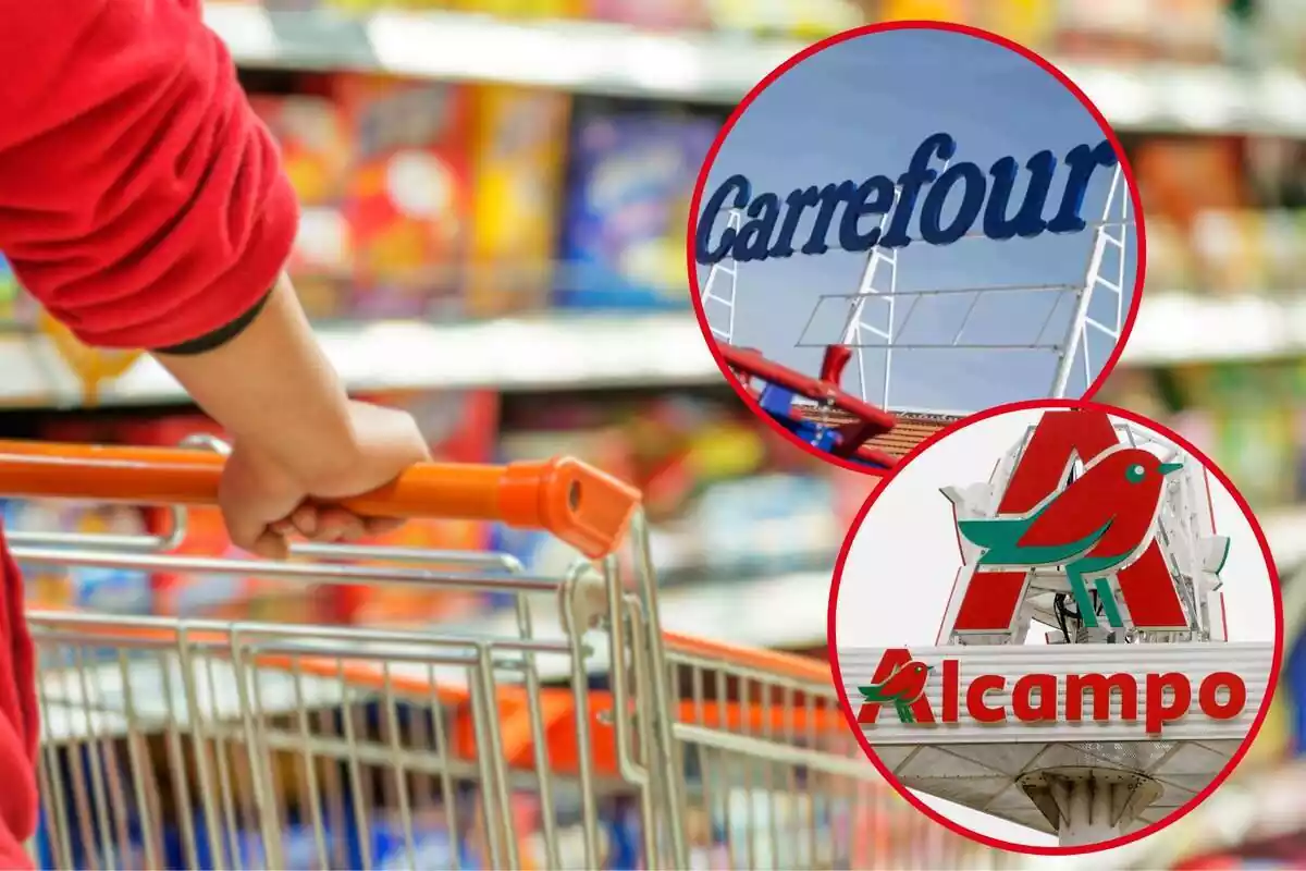 Fotomontaje con una imagen de fondo de una persona empujando el carrito de un supermercado y dos redondas rojas con los logos de Carrefour y de Alcampo