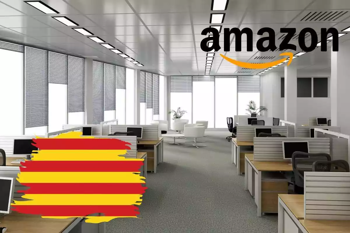 Fotomontaje con una imagen de fondo de unas oficinas de una empresa y al frente la bandera catalana y el logo de Amazon