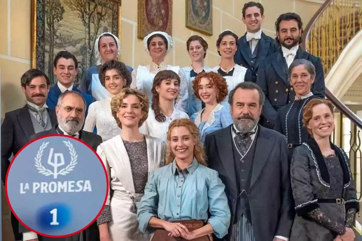 Fotomontaje del elenco de 'La promesa' de TVE y una redonda con el logo de La 1 y 'La promesa'