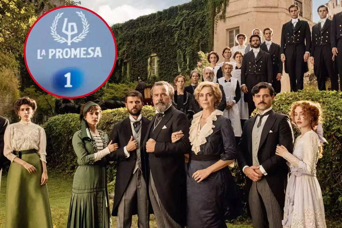 Fotomontaje del elenco de 'La Promesa' de TVE y el logo de la serie y de La 1 en una redonda