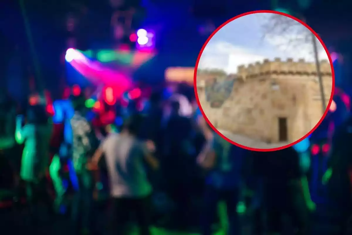 Fotomontaje con una imagen de fondo de una discoteca con gente bailando y una redonda roja con el exterior de castillo medieval de la discoteca Merlín de Barcelona