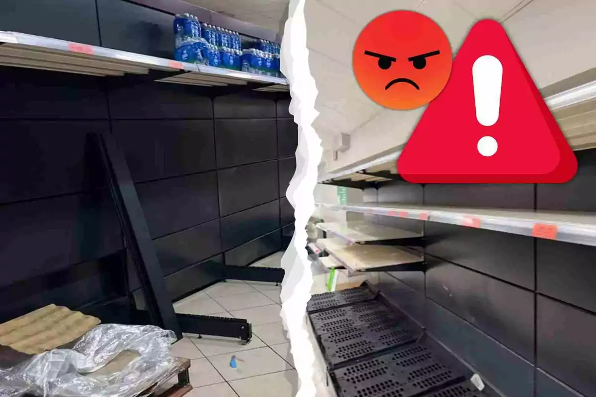 Estantes de supermercado vacíos con un emoji enojado y un símbolo de advertencia.
