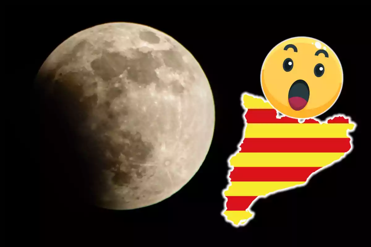 Imagen de la luna parcialmente oscurecida junto a un emoji sorprendido sobre un mapa con la bandera de Cataluña.