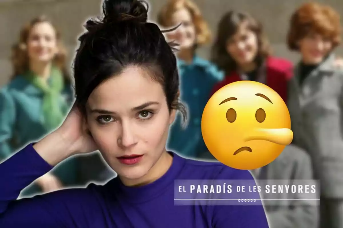 Una mujer de cabello oscuro en primer plano con un emoji de nariz larga y expresión pensativa superpuesto, y un grupo de personas desenfocadas al fondo.