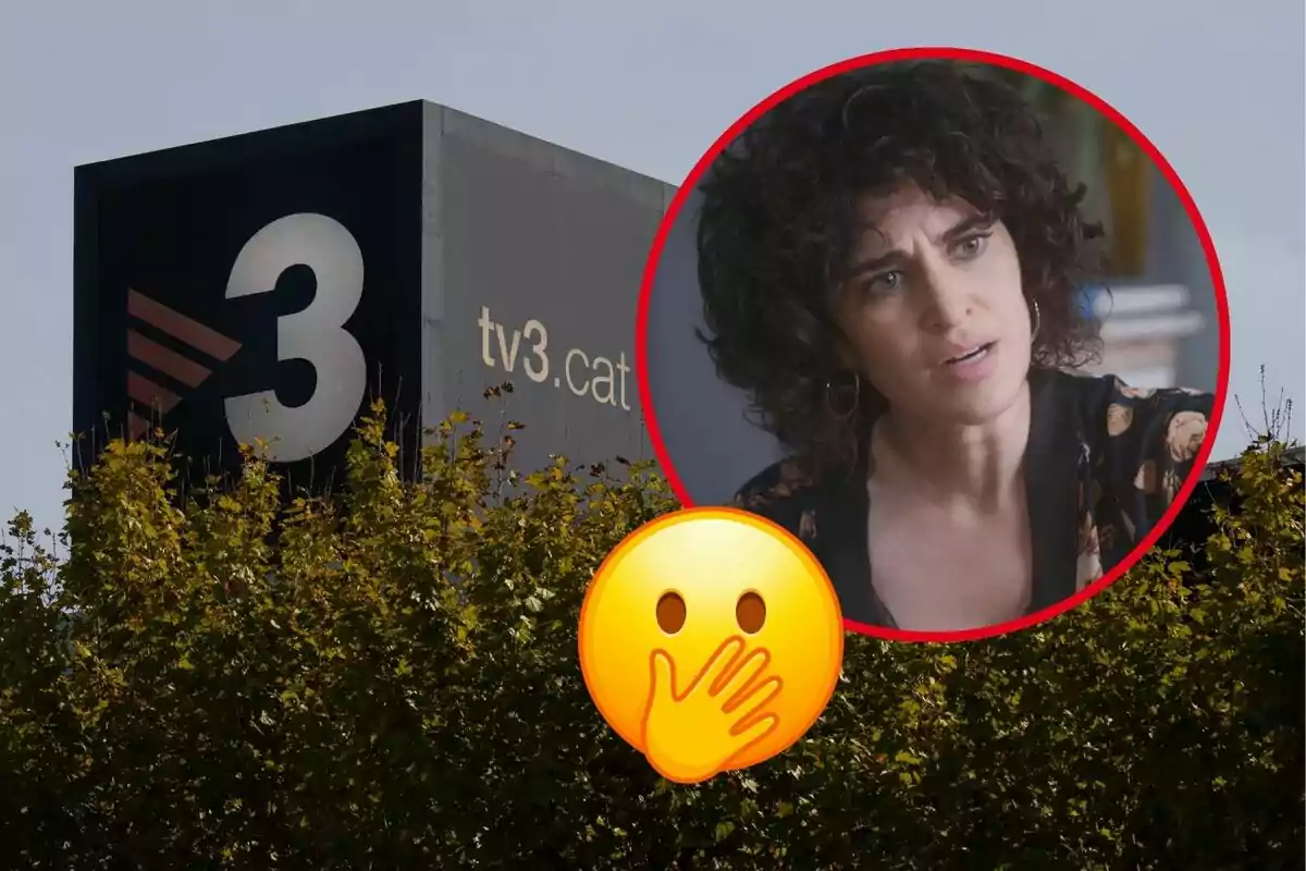 Edificio de TV3 con una imagen de una mujer en un círculo rojo y un emoji de sorpresa.