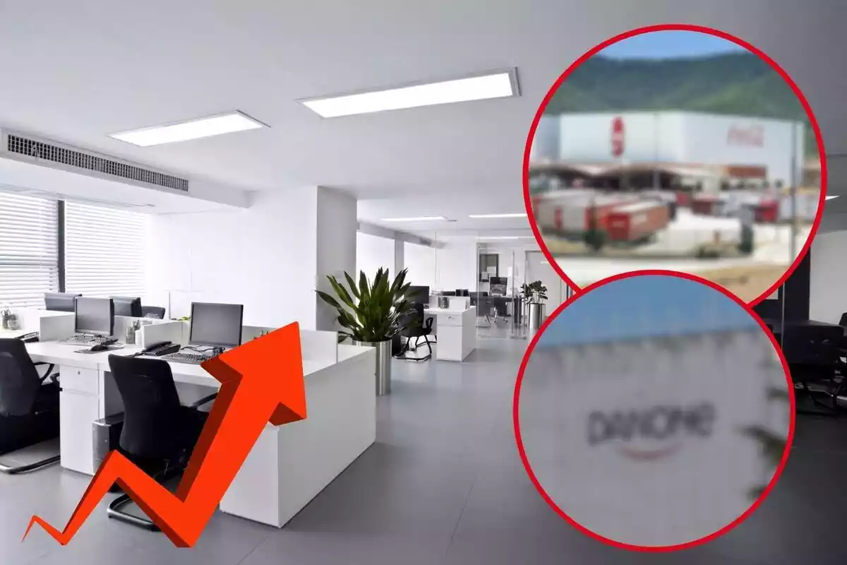 Fotomontaje con una imagen de fondo de una oficina y dos redondas rojas con los logos difuminados de Danone y Coca-Cola