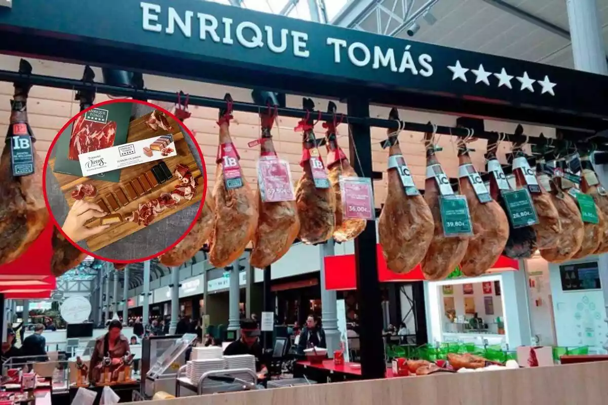 Montaje fotográfico entre una tienda de Enrique Tomás y el turrón de jamón