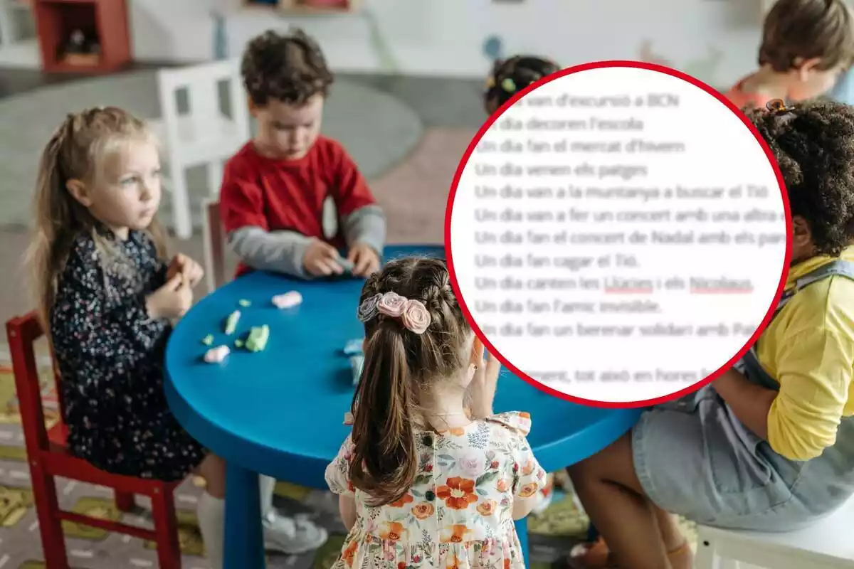 Montaje fotográfico entre unos niños de una escuela realizando un taller y la captura de un Tweet